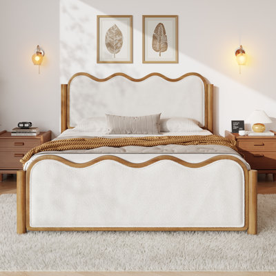 Ondine Mid-Century Modern Bouclé Upholstered Bed Frame With Wavy Curved Headboard
