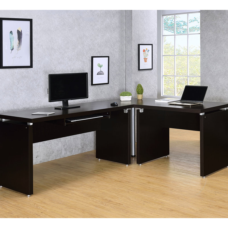 Bureau d'ordinateur en forme de L de 83 pouces avec quincaillerie argentée, tiroirs et support à clavier pour bureau en forme de L, rangement moderne pour tiroir