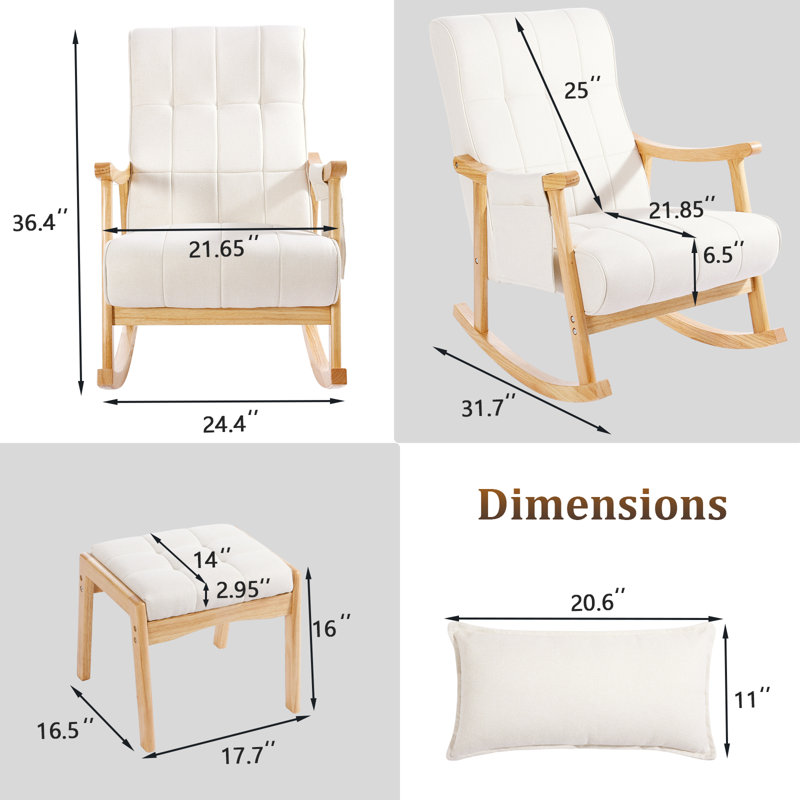 Kelbie Upholstered Nursery Rocking Chair with Ottoman,Pillow,Storage Bag and Rubberwood Frame, Light Yellow Wood