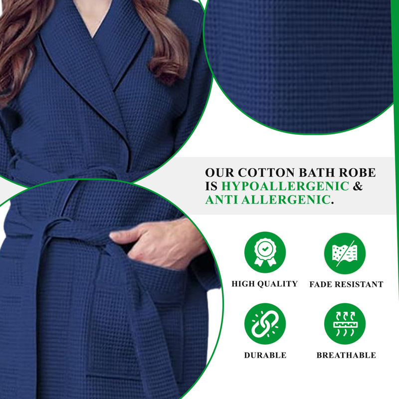 Peignoir mi-mollet en coton gaufré avec poches, TG, Bleu marine