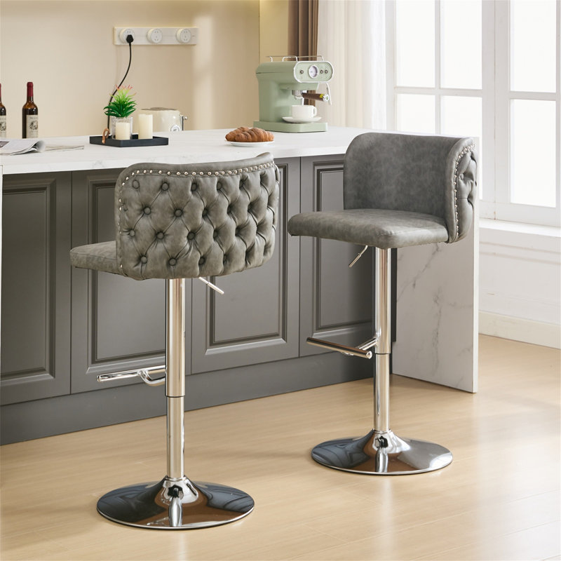Jeneanne Upholstered Adjustable Height Counter Stool, Gray Leather, Chrome
