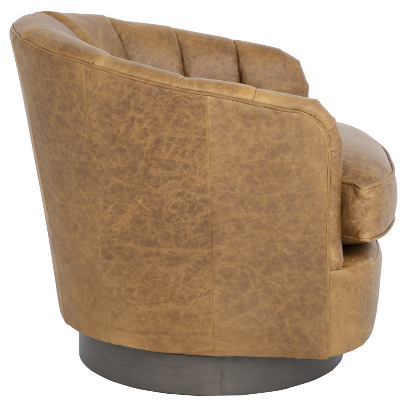 Tipsy Barrel Chair, Brown Genuine Leather, Bright Brass