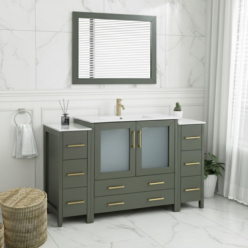 Ensemble de meuble-lavabo autoportant 60 po avec plateau en céramique et miroir assorti Brescia, Vintage Green/Brushed Gold