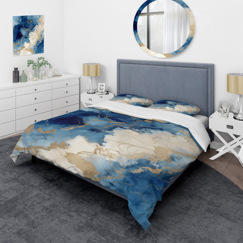 Ensemble de housse de couette en microfibre / polyester bleu et or Marble Clouds X Bedding
