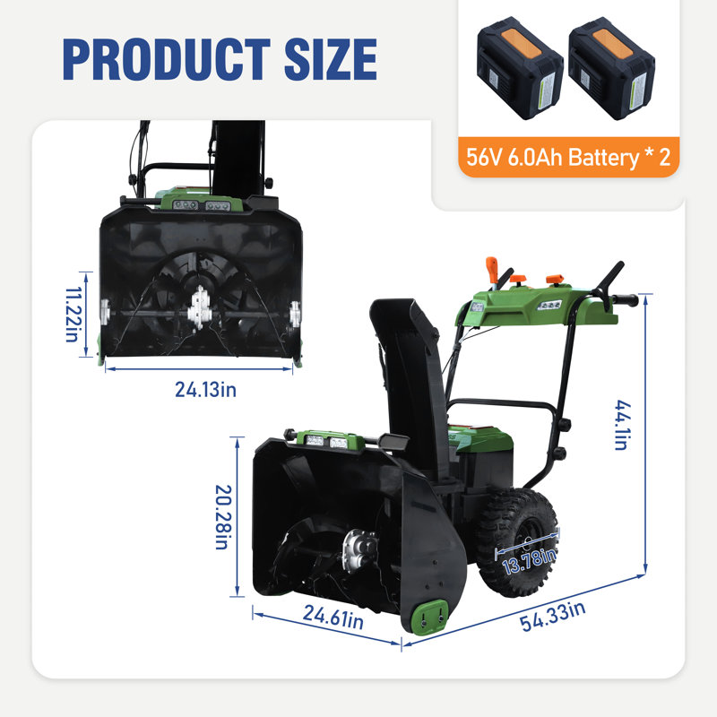 24" Snow Blower, Battery Powered with Two 56V 6.0AH Batteries for Sidewalks