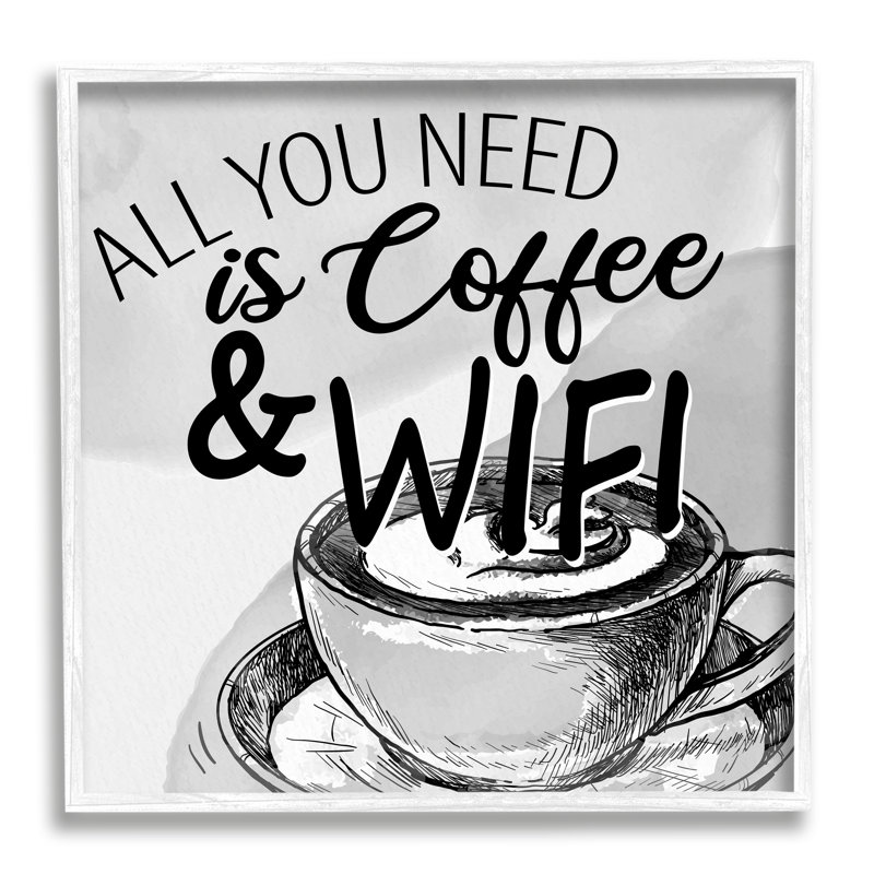 «Vintage Coffee & Wifi On Wood» par Kim Allen, impression, Giclée encadrée blanc bord de mer, H 17 po x l 17 po x P 1,5 po