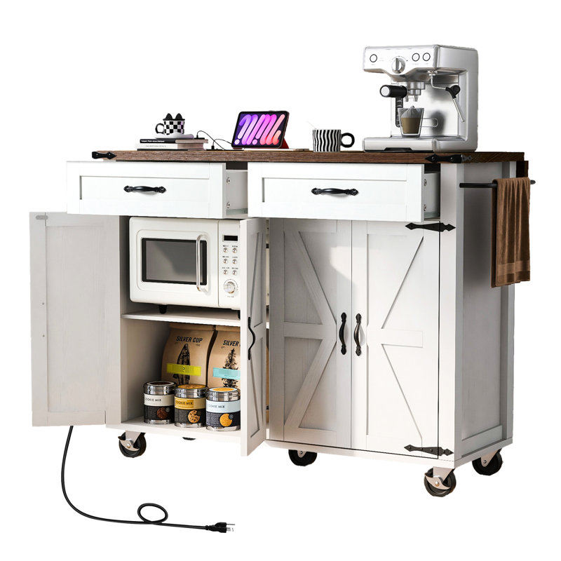 53.5'' X 29.12'' 36.5'' Kitchen Island With Adjustable Shelf And Power Outlet, White Brown Outlet Drop Leaf, 53.5"X29.12"X36.5", Countertop, Rolling Cart Storage Wheels For Dining Room
