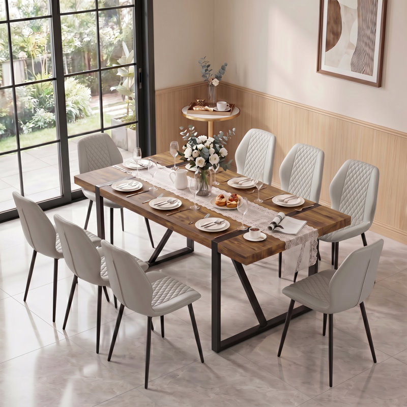 Ensemble de salle à manger 9 pièces en bois massif Mid-Century, Gris clair