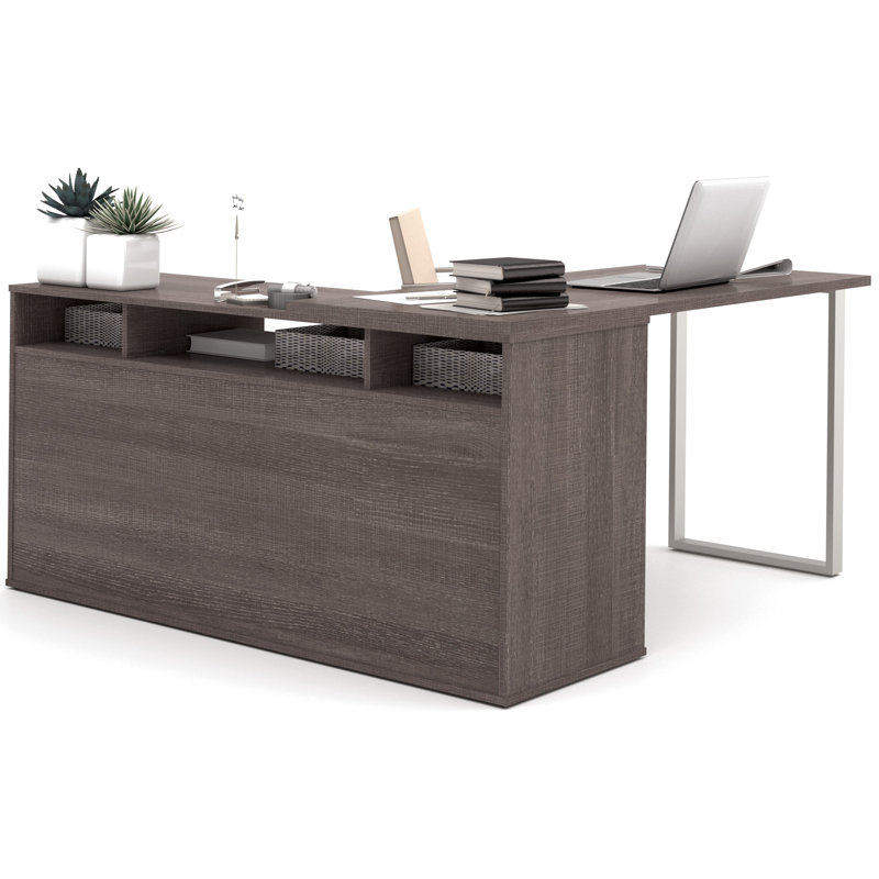 Bureau en L 118 W avec classeur latéral et bibliothèque Carreno, Écorce gris