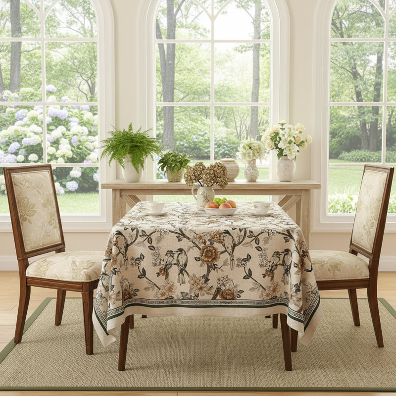Nappe vintage en lin floral et oiseaux 55 "x 71", infroissable pour la fête