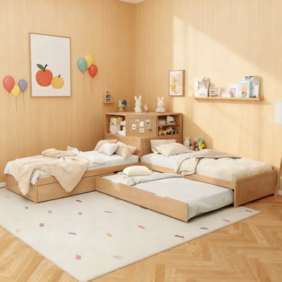 L-Shaped 3-in-1 Twin Bed Frame with Trundle, Storage Drawer & Built-in Desk