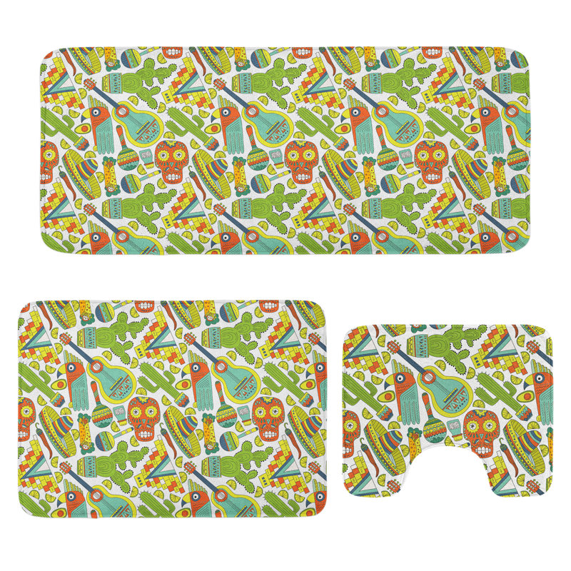  Mexican Bathroom Rug Set 3 Pieces U-Shape & Rectangle Mats Multicolor