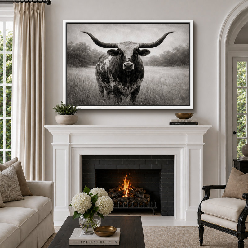«Black and White Longhorn Bull Farmhouse», images de bureau, impression sur toile encadrée, impression numérique, Cadre blanc
