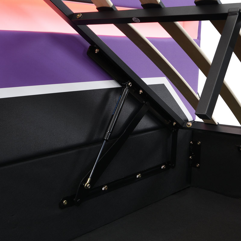 Grand lit de jeu rembourré avec tête de lit légère réglable et rangement relevable, Mauve