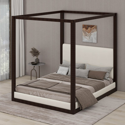 Structure de lit à baldaquin, lit plateforme à baldaquin en bois avec tête de lit tapissier en lin, aucun sommier nécessaire
