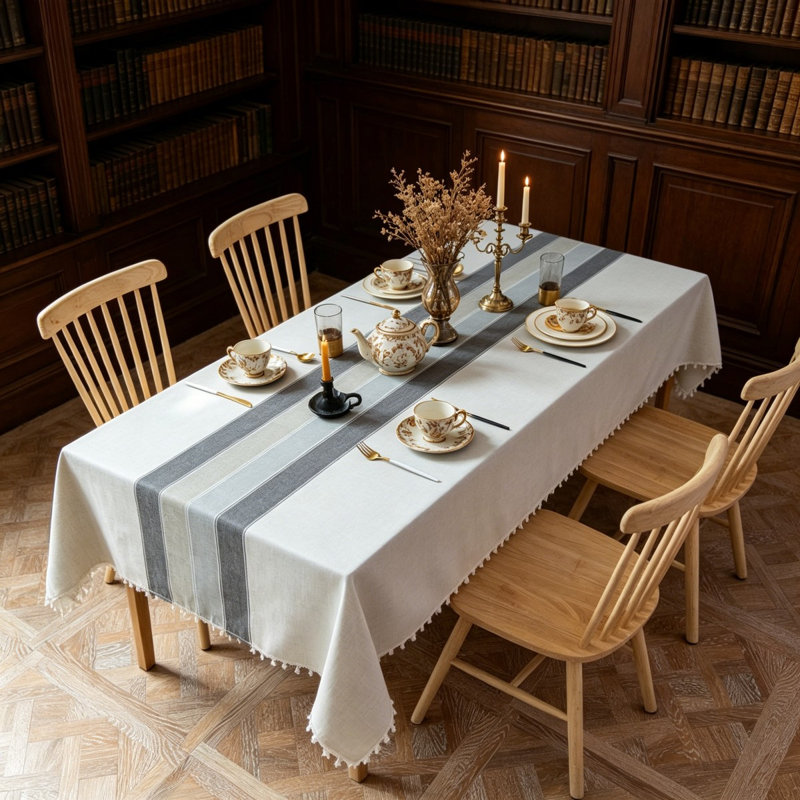 Rustic Fringe Tassel Rectangular Tablecloth 140x180cm, Washable Cotton Linen Dust-Proof Table Linen For Daily Dining & Party Buffets