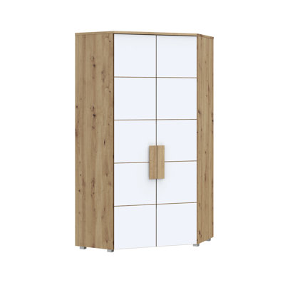 2 Door Corner Wardrobe with shelves and clothes rail, Artisan Oak/White, 97cm W x 197cm H x 97cm D