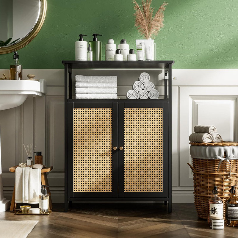 Bathroom And Kitchen Storage Organizer With 2 Doors And 1 Shelf – Space-Saving Freestanding Wood Cabinet For Hallway, Living Room, Or Side Table (Black)