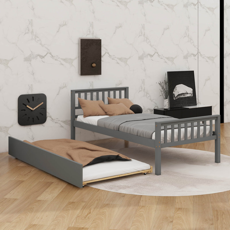 Structure de lit plateforme robuste en bois robuste avec lit gigogne escamotable, Gris