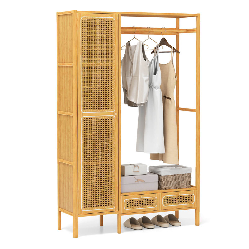 Support à vêtements en bambou avec étagère de rangement et tiroirs pour tringle