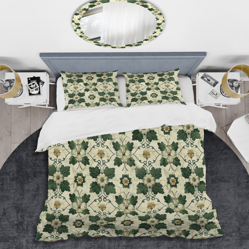 Ensemble de housse de couette Beige Green Modern Flower Garden II - Modern, Housse de couette très grand + 2 très grandes ta