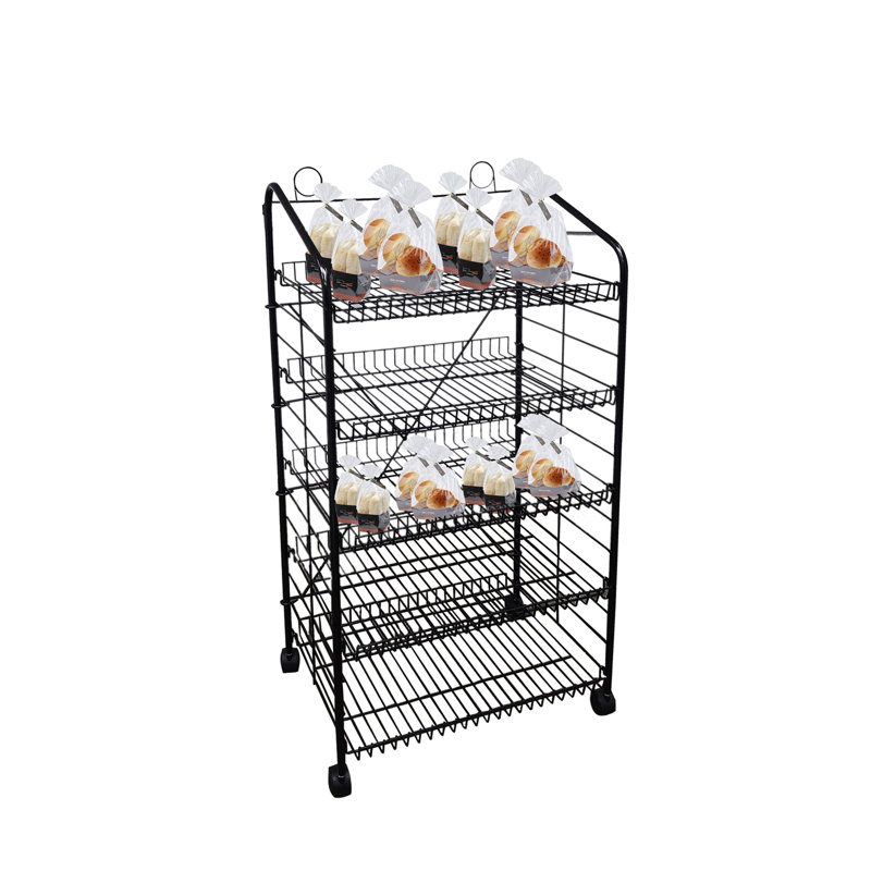 Présentoir de boulangerie avec roulettes, 5 tablettes réglables et 2 porte-enseignes - noir