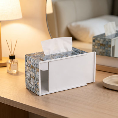 Handcrafted Rectangular Mother of Pearl Tissue Box Cover with Iridescent Shell Mosaic, Decorative Tissue Holder for Bathroom Vanity, Bedroom, Living Room, Coastal Farmhouse Home Decor