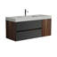 Meuble-lavabo mural en noyer avec lavabo à surface solide blanc brillant, tiroirs et porte à fermeture en douceur, comptoir haut de gamme, pré-assemblé pour les salles de bain modernes.