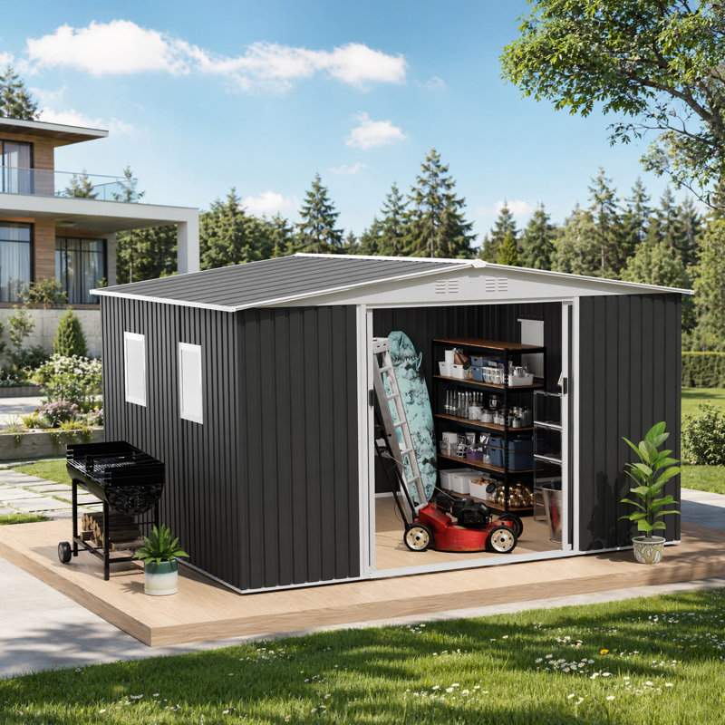 Remise de jardin 12 x 10 pi en métal avec porte coulissante et 4 fenêtres avec toit Apex