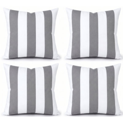 Lot de 4 coussins décoratifs d'intérieur/extérieur avec garniture et fermeture éclair, 45 x 45 cm, imperméables et résistants à la décoloration, carrés, pour canapé, sofa, lit, rayures grises et blanches