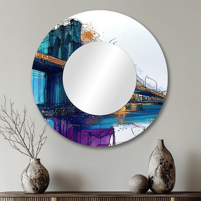 Abstrait pont de Brookyln en réflexion turquoise - décoration murale miroir New York City - imprimé sur métal, 29 po x 29 po