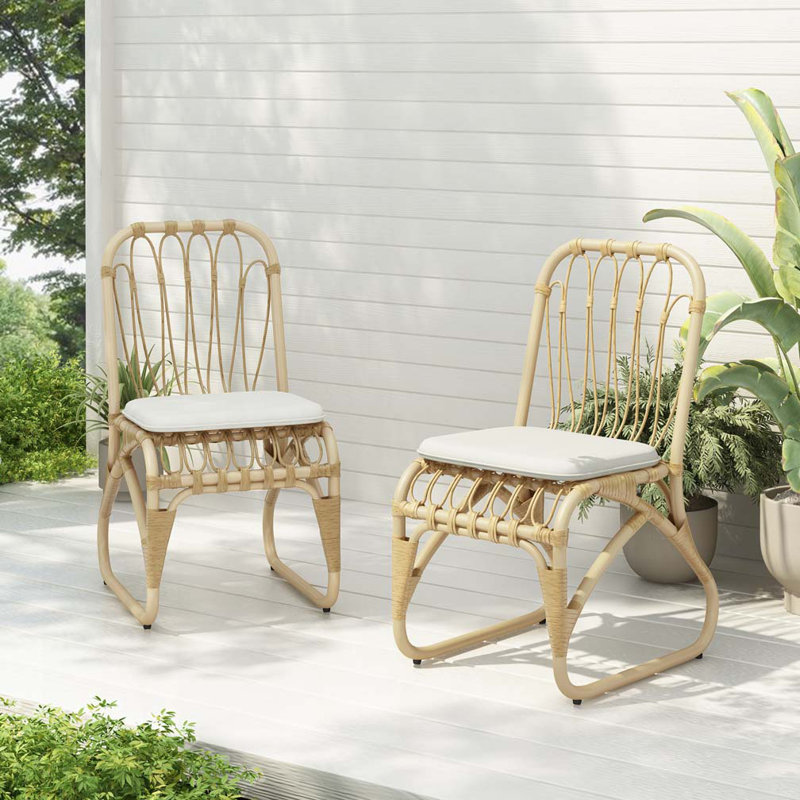 Chaises de salle à manger d'extérieur en osier avec coussin lavable PE, Coussin blanc / structure naturelle
