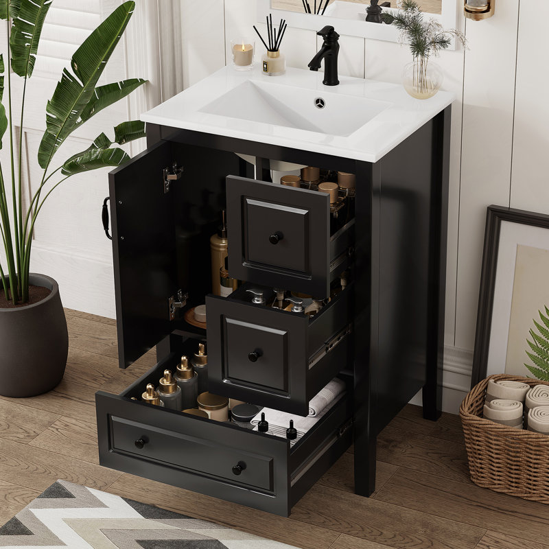 Meuble-lavabo de 24 po avec lavabo, une armoire avec porte à fermeture en douceur, 3 tiroirs à fermeture en douceur, poignées en métal rétro, noir