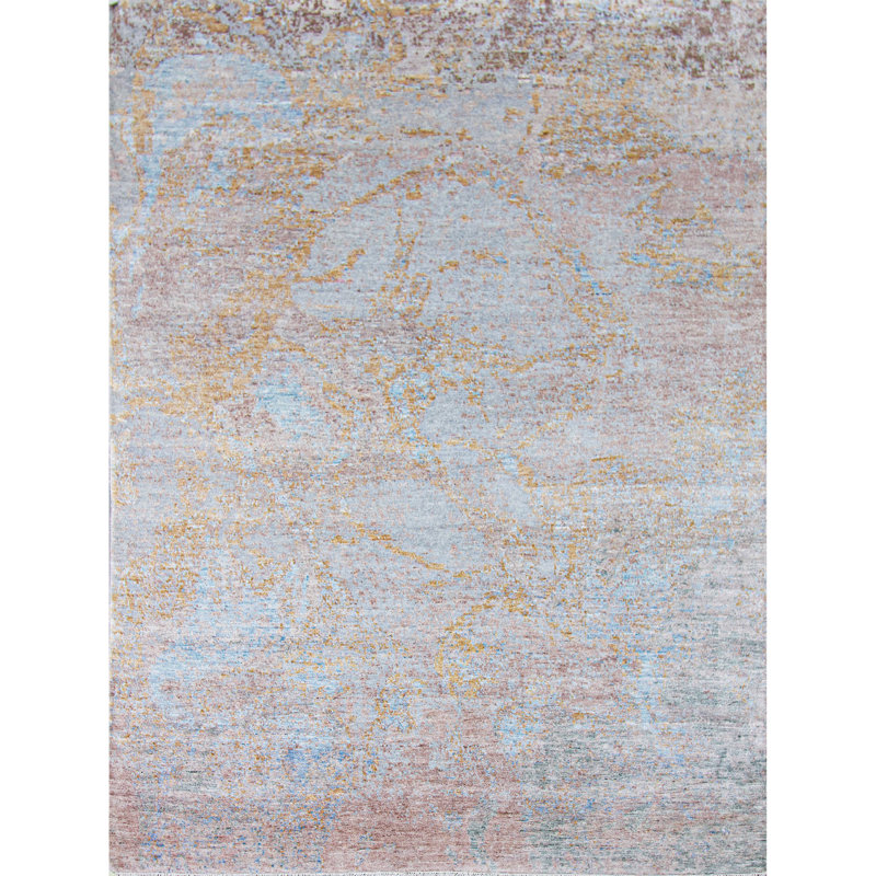 Tapis argent / or / bleu noué à la main de haute qualité, Rectangle 6 pi x 9 pi