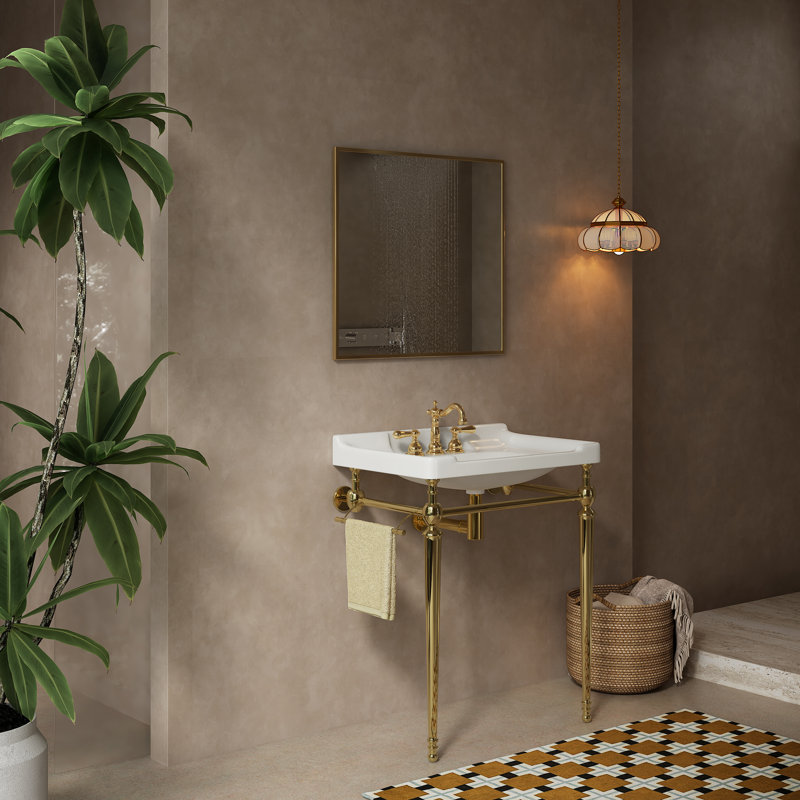 Freestanding Wall Mounted Single Bathroom Vanities Set With 3 Tap Holes, White, Gold, 28"