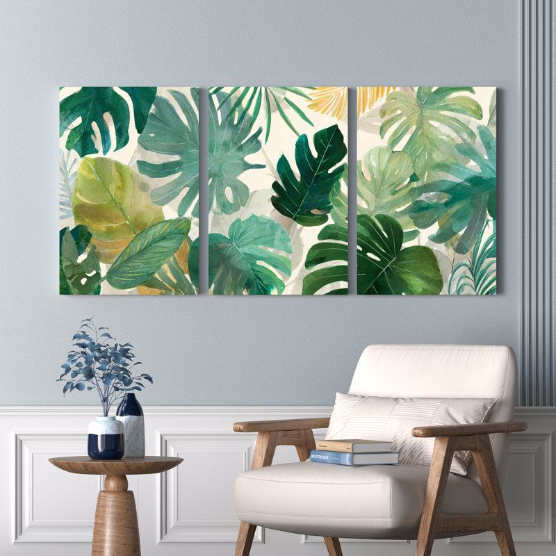 Ensemble de 3 tableaux muraux sur toile à motif de feuilles tropicales, style aquarelle, H 18 po x l 36 po
