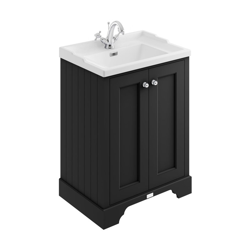 Bayswater 600mm Matt Black 2 Door Floor Standing Cabinet With 1 Tap Hole Square Basin, Matt Black