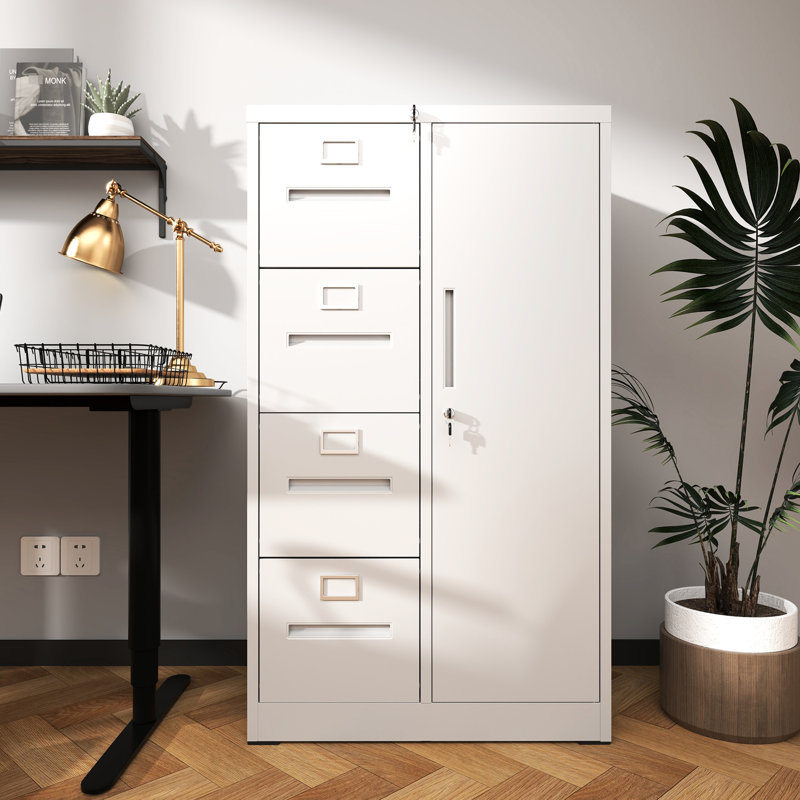 Office Vertical File Locker In White With 4 Drawers And Lock - Build, Silent Drawer Movement, Adjustable Rails, White