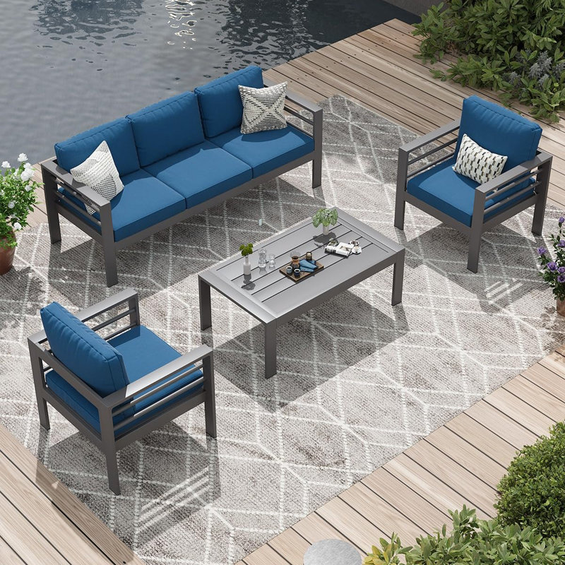 Aluminum Patio 5 Seats Modern Outdoor Furniture With Coffee Table, Blue