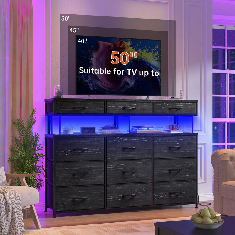 Dresser For Bedroom With 12 Drawers, Dressers With Led Light, Charging Station And Acrylic Sheet, Black