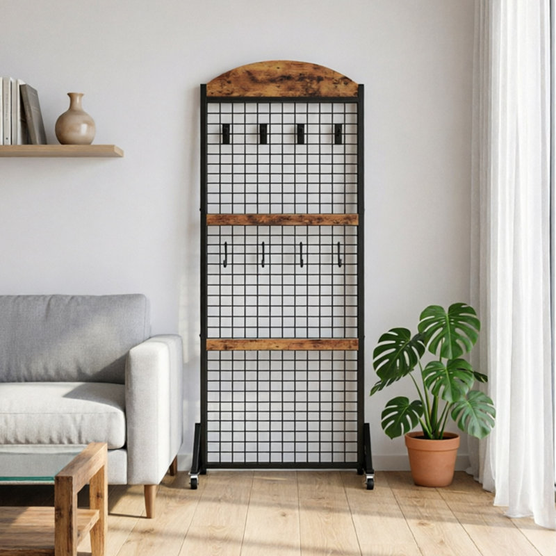Présentoir à panneau mural industriel avec roulettes, support autoportant en grille métallique avec crochets et plateau en bois