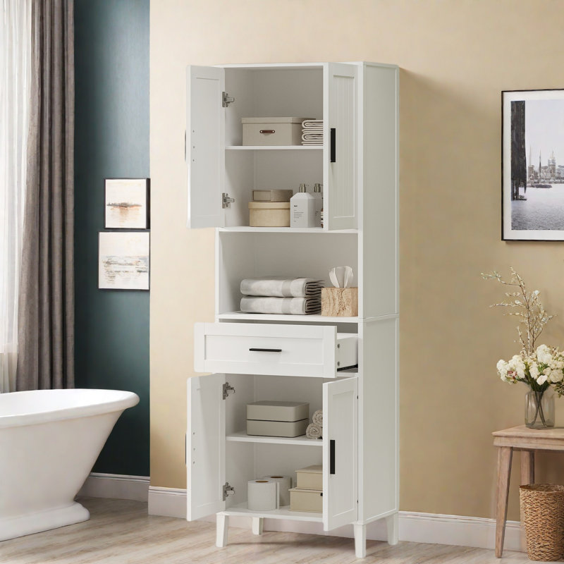 Freestanding Tall Bathroom Cabinet With 1 Drawer, 2 Cabinets, 4 Soft-close Doors, 2 Adjustable Shelves And Open Storage