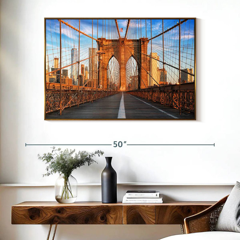 Brooklyn Bridge Pedestrian Walkway, 40" X 27", Floating Frame Gold