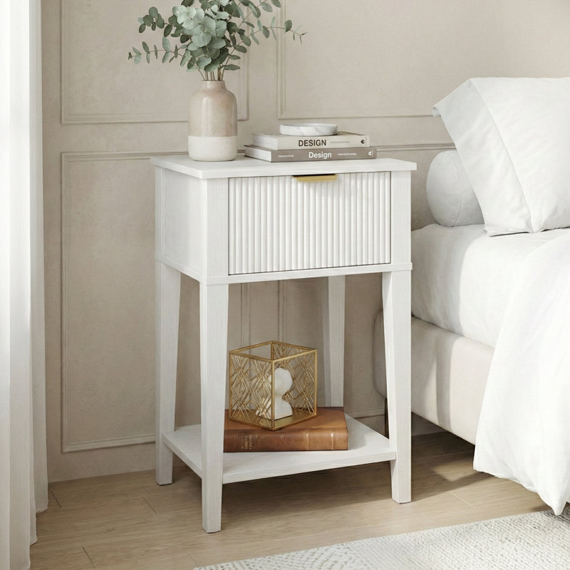 Table de bout moderne minimaliste avec tablette de rangement ouverte, Blanc chaud