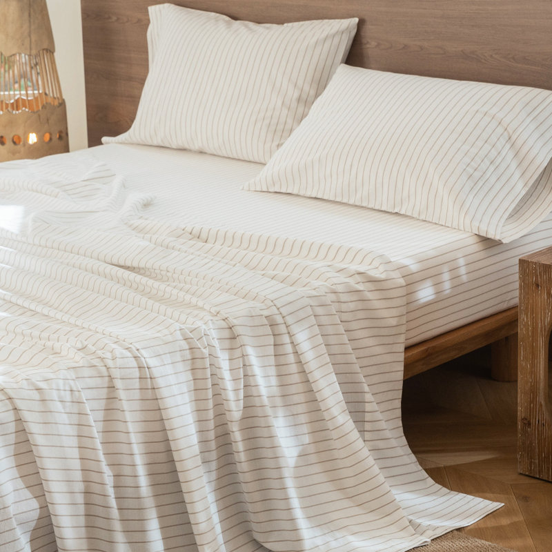 Ensemble de draps 100% coton lavé MooMee, Full Sheet Set with 2 Pillowcases, Rayures larges : Blanc et gris lin beige