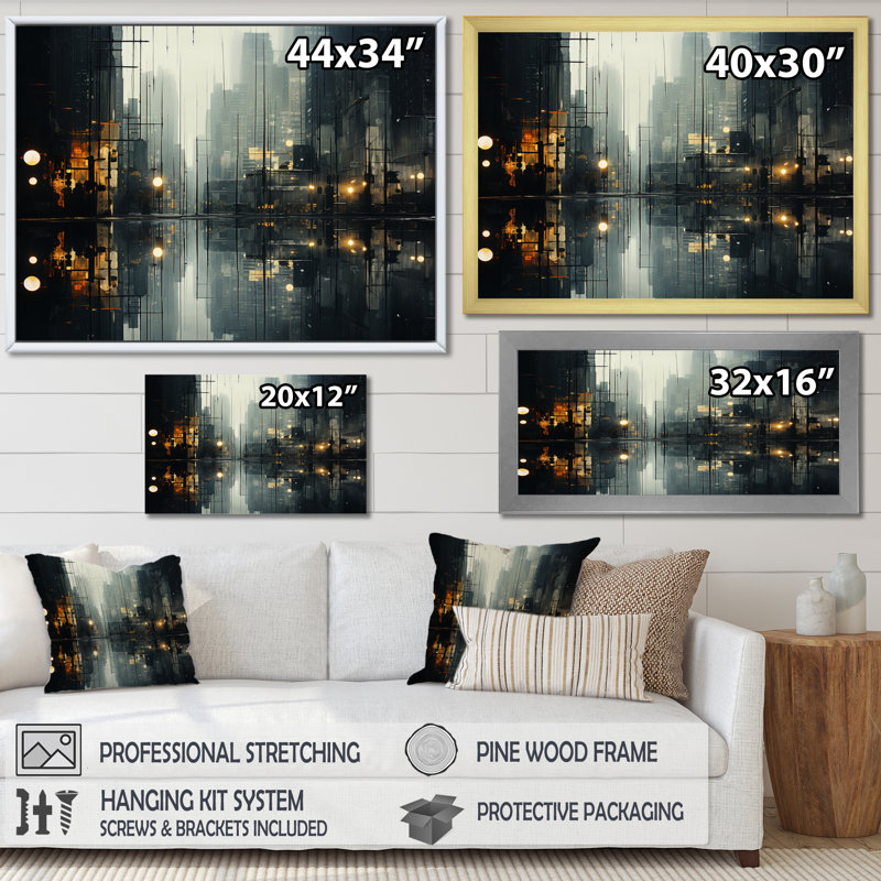 «Skyscrapers Urban Mirage III», reproduction sur toile, H 30 po x l 40 po x P 1,5 po, Cadre doré simple