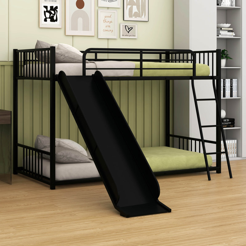 Metal Twin Over Twin Bunk Bed With Slide And Ladder, Black