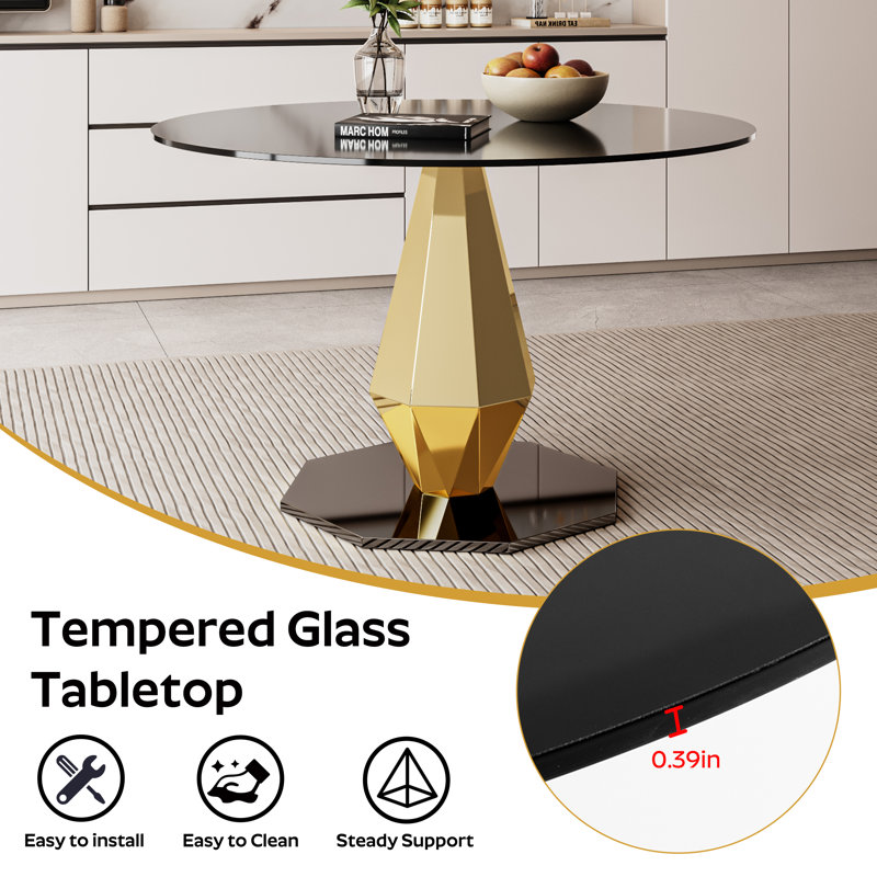 Table de salle à manger ronde en verre trempé, H 29,50 po x L 47 po x l 47 po, Doré