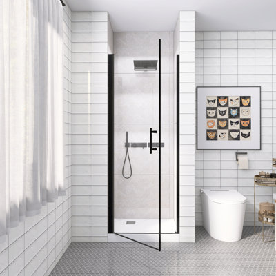 Porte de douche pivotante noire matte demi-cadre, 28 x 72 pouces, verre trempé de 6 mm avec film antidéflagrant