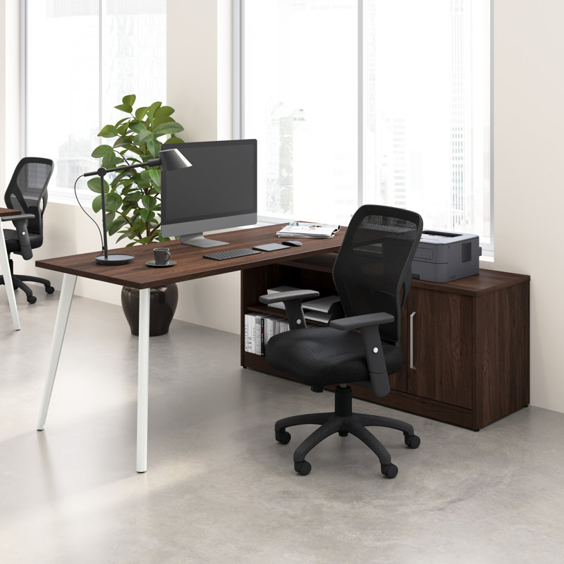 Bush Business Furniture Vista L Shaped Desk With Splayed Metal Legs And Low Storage Cabinet, 30" H x 72" W x 59" D, Walnut